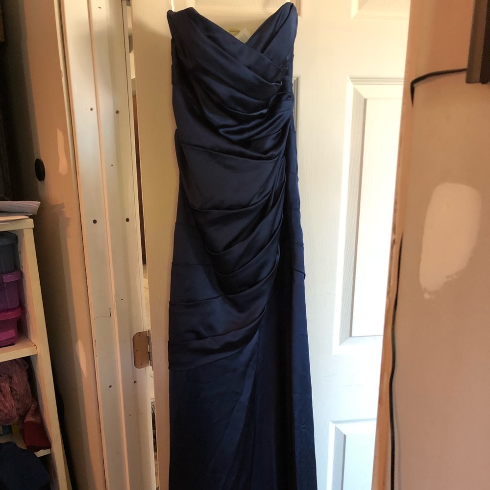 Navy blue David’s bridal dress